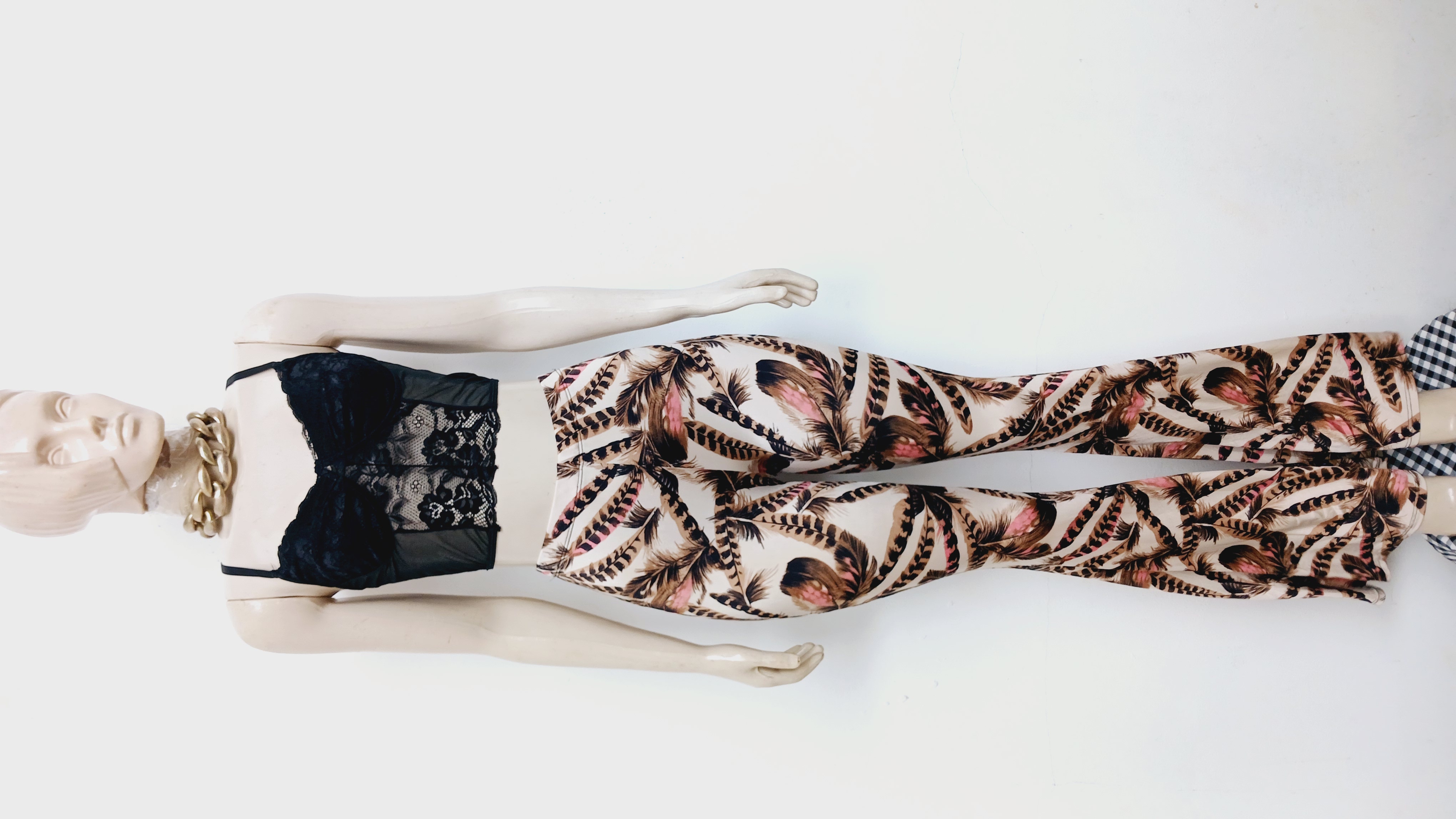 Feather-Print High-Waisted Flare Pants